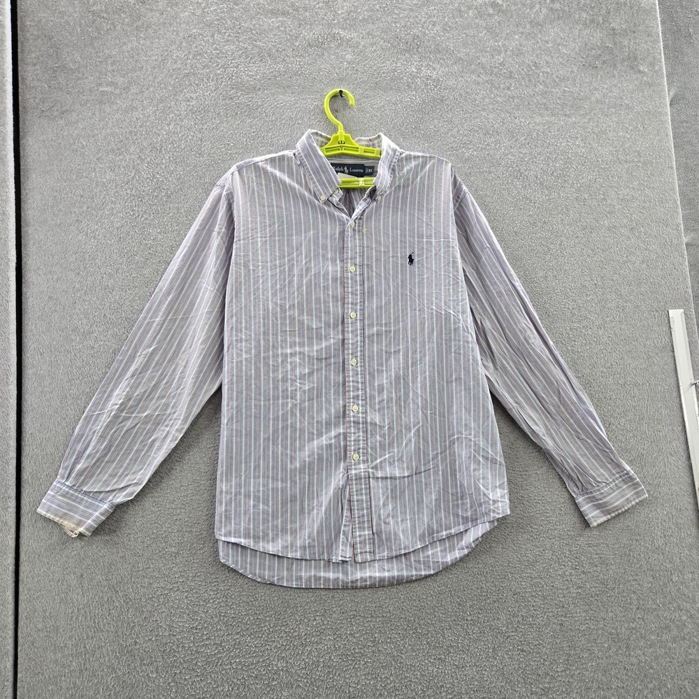 Ralph Lauren Men Button Up Shirt XL Blue Embroidered Striped READ